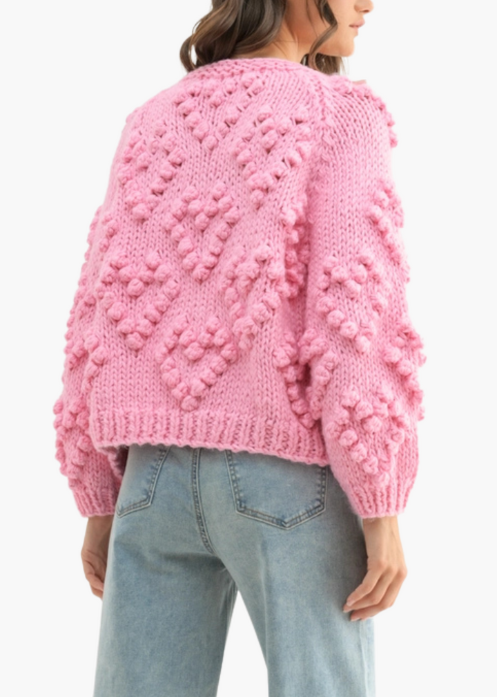 Hand-Knit Cardigan in Pink Hearts