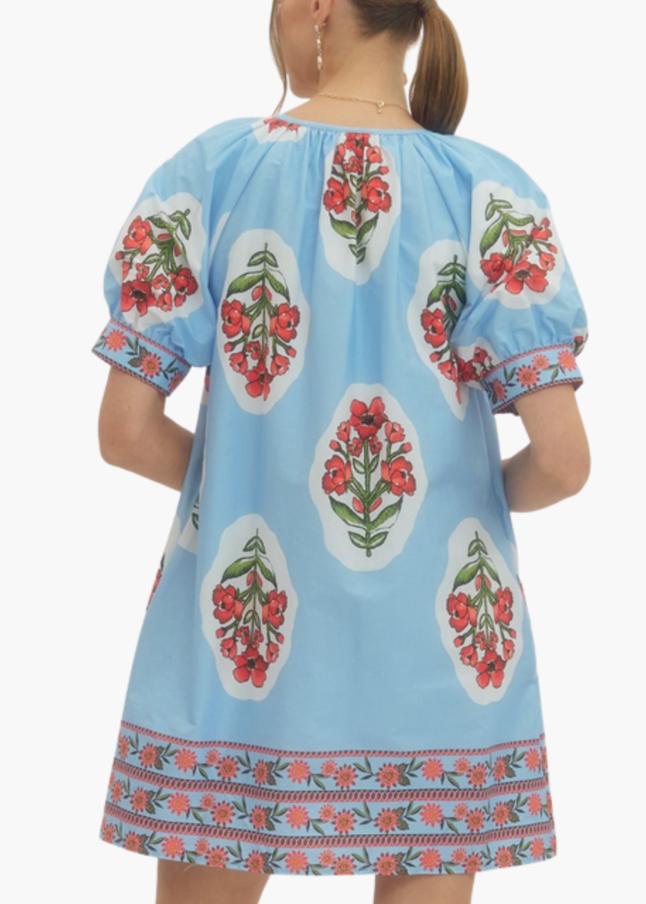 Sarah Blockprint Mini Dress in Light Blue