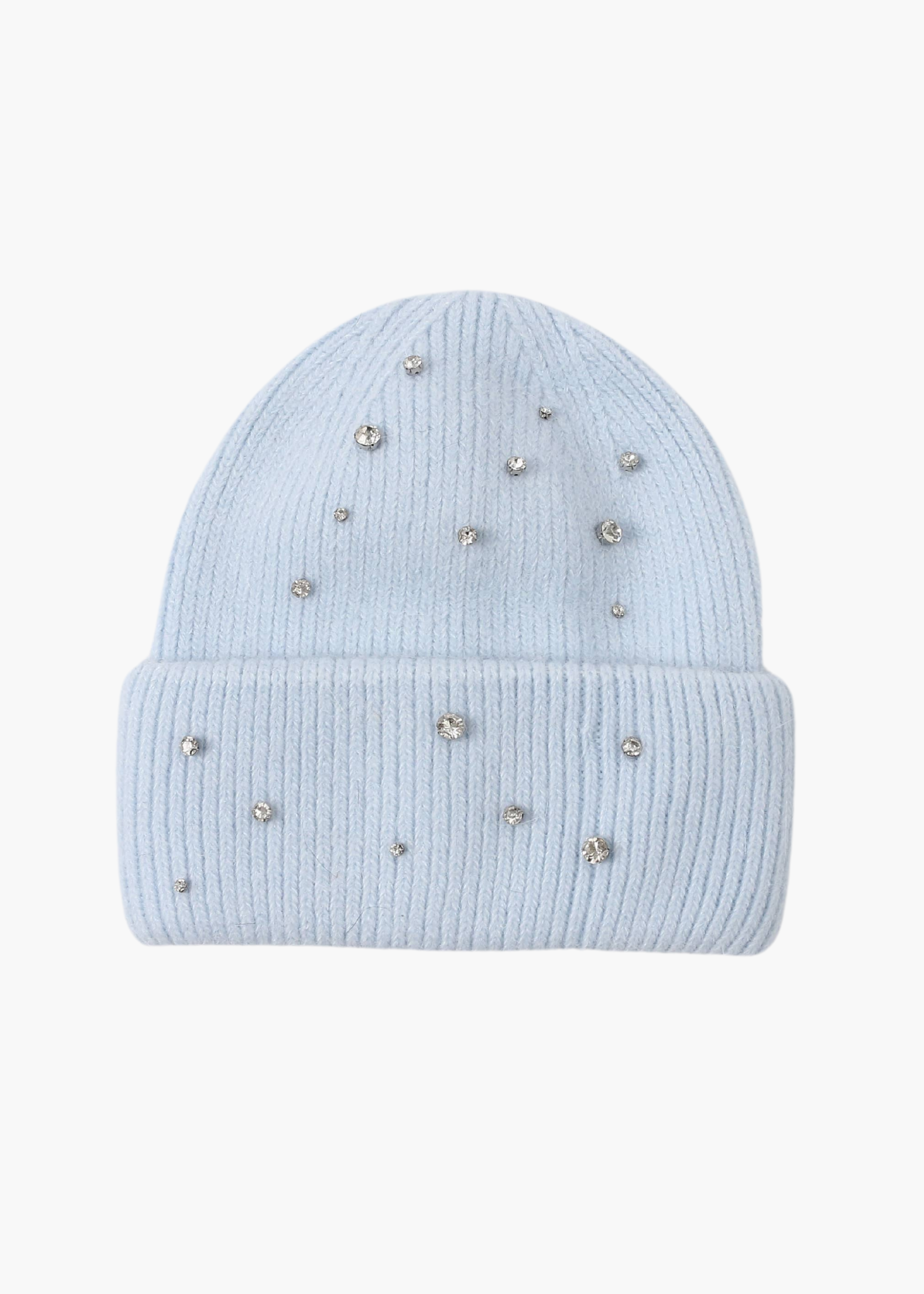 Crystal Embellished Angora Beanie Hat: Light Blue