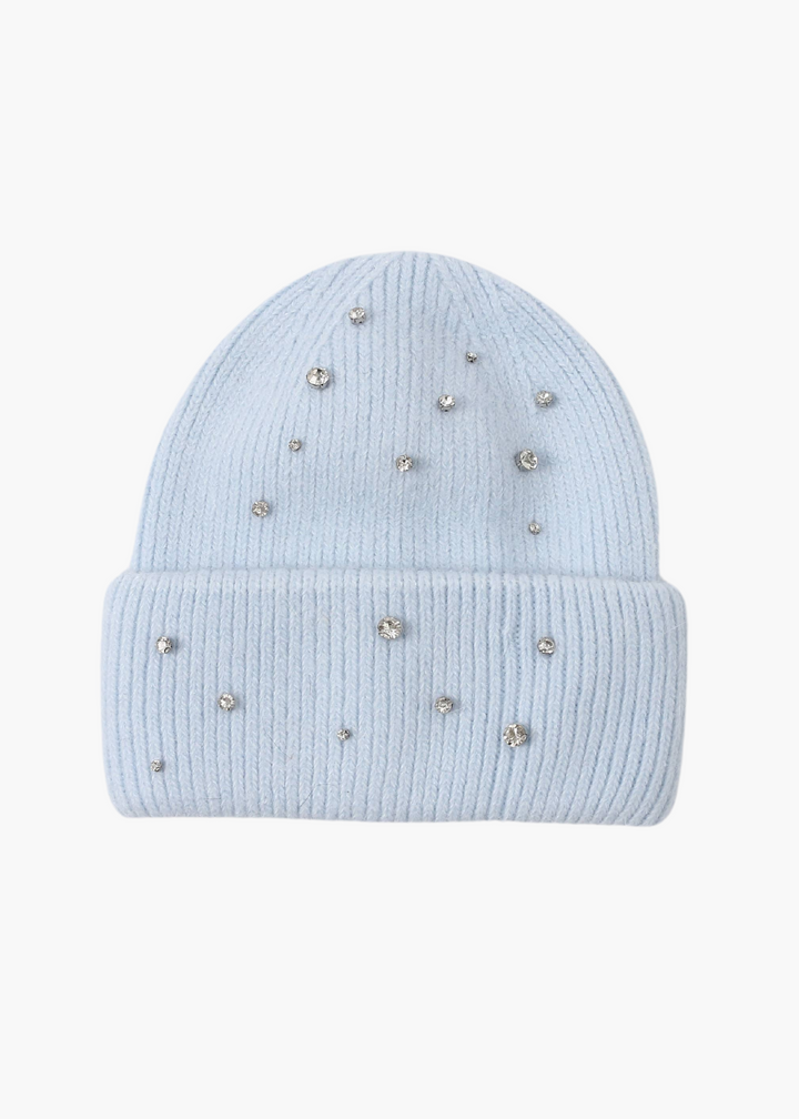 Crystal Embellished Angora Beanie Hat: Light Blue