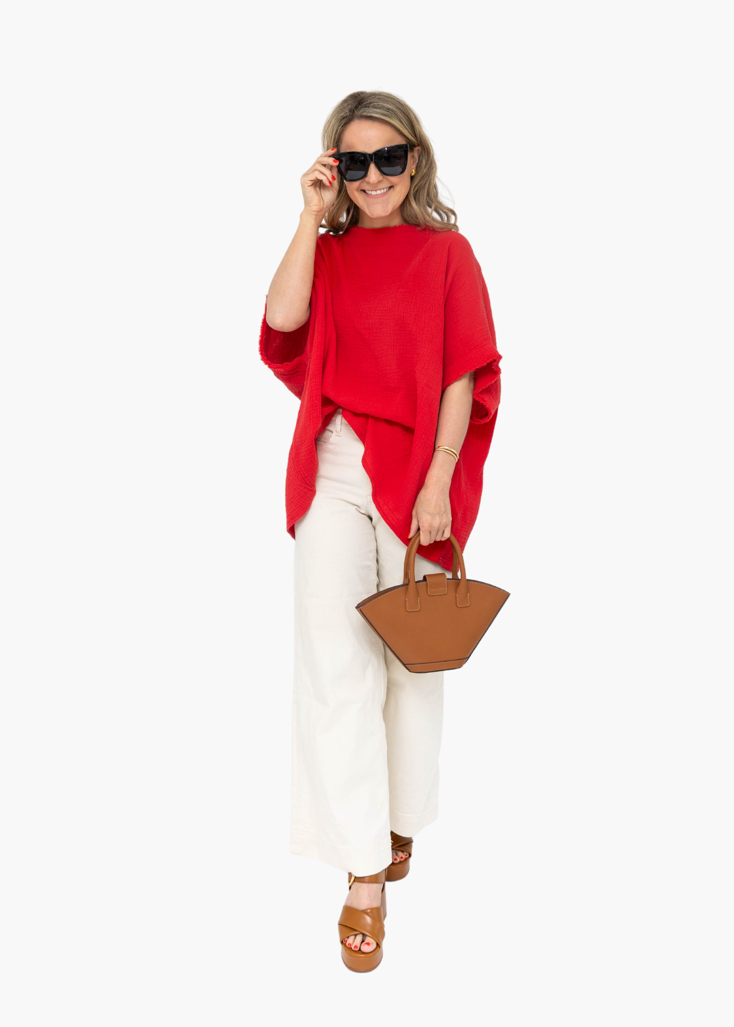 Soft-Gauze Poncho in Red