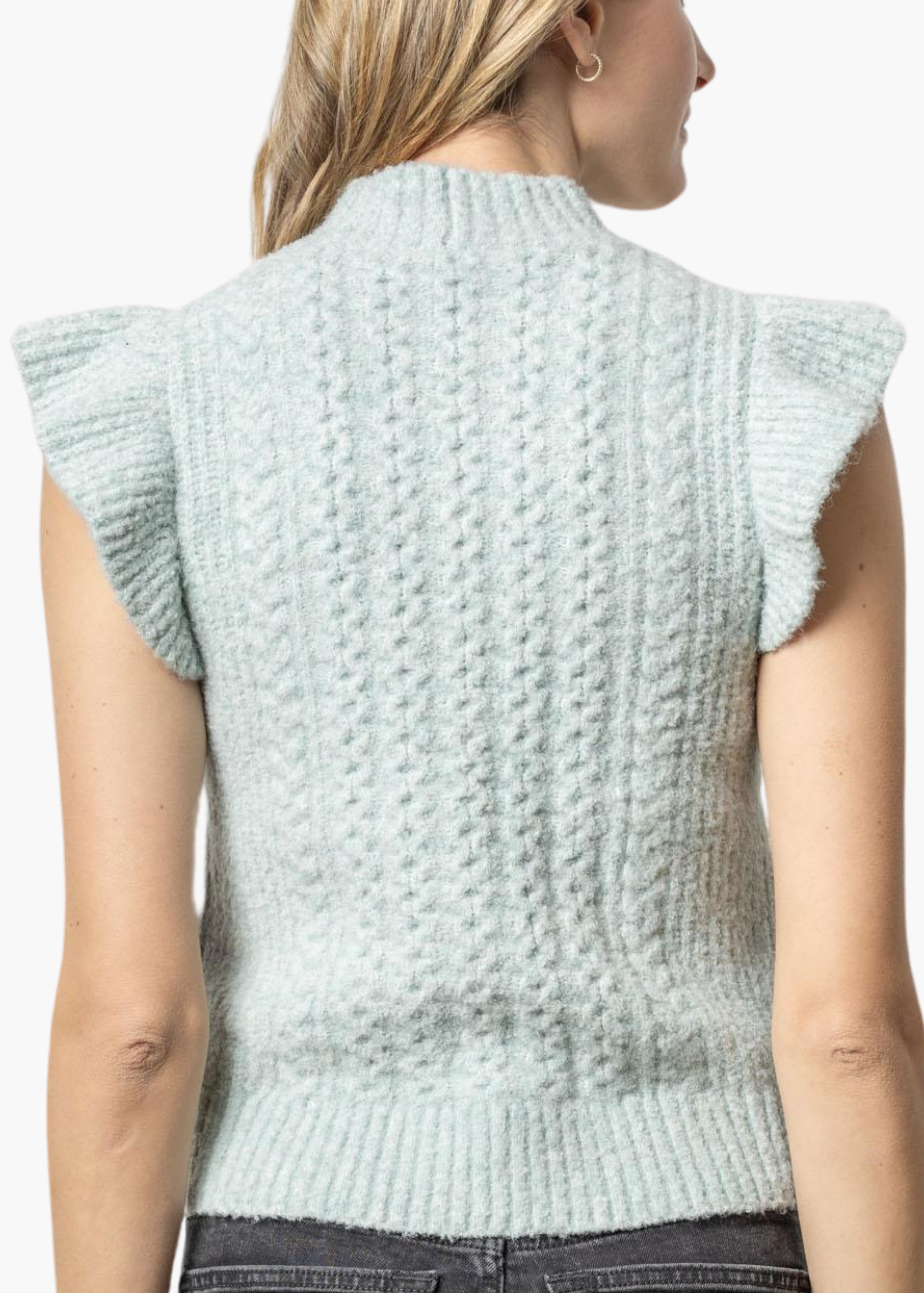 Flutter Sleeve Mock Neck Sweater in Frost