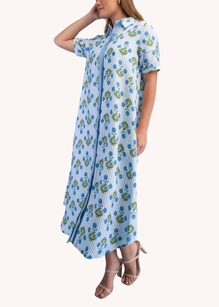 Madeline Block Print Midi Dress in Blue