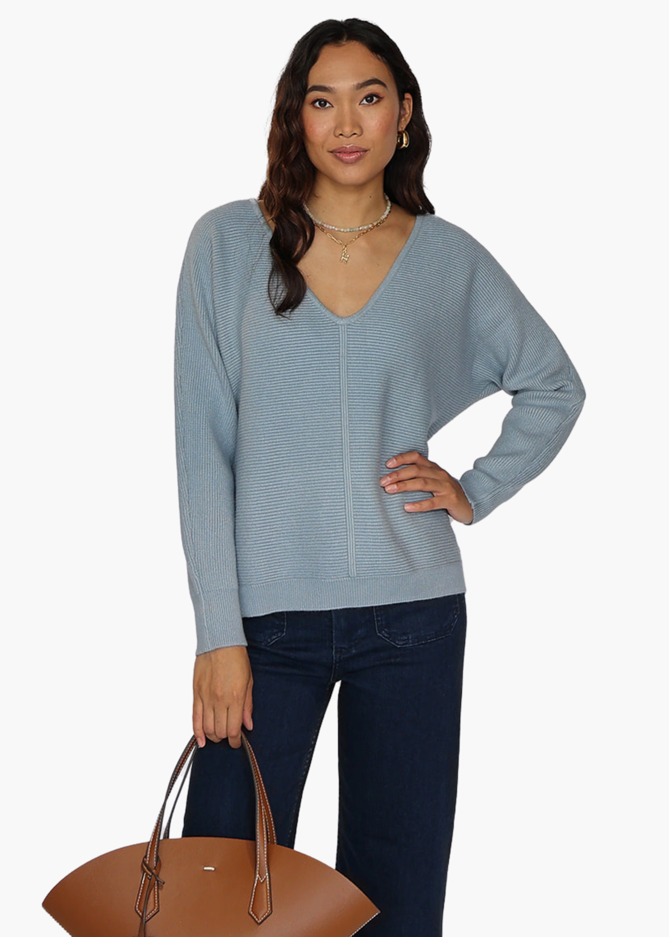 Elle V-Neck Ribbed Sweater in Dusty Blue