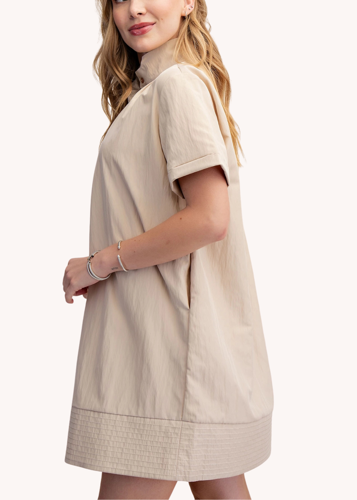 Chloe Stand Collar Mini Shirt Dress in Tan
