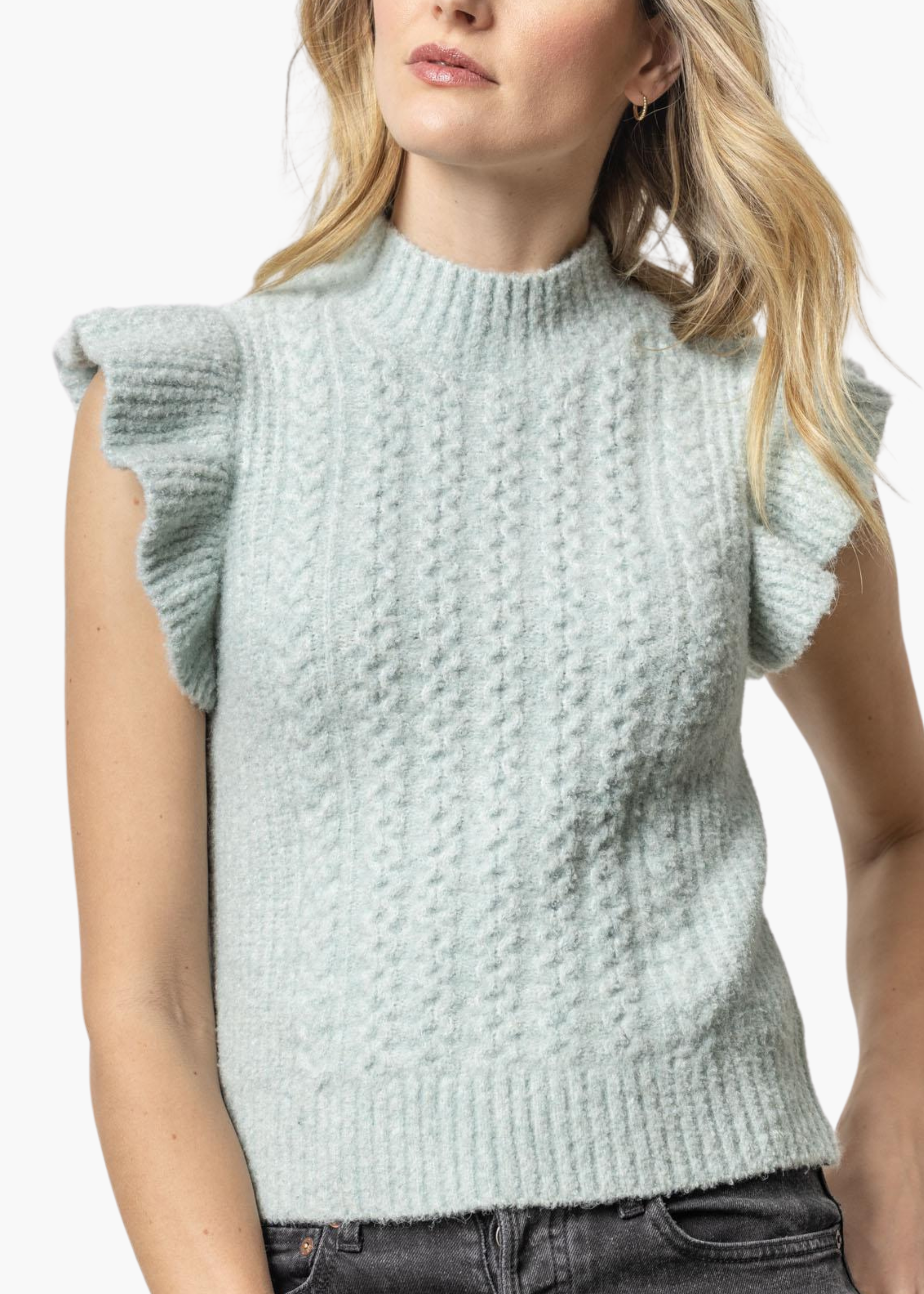 Flutter Sleeve Mock Neck Sweater in Frost