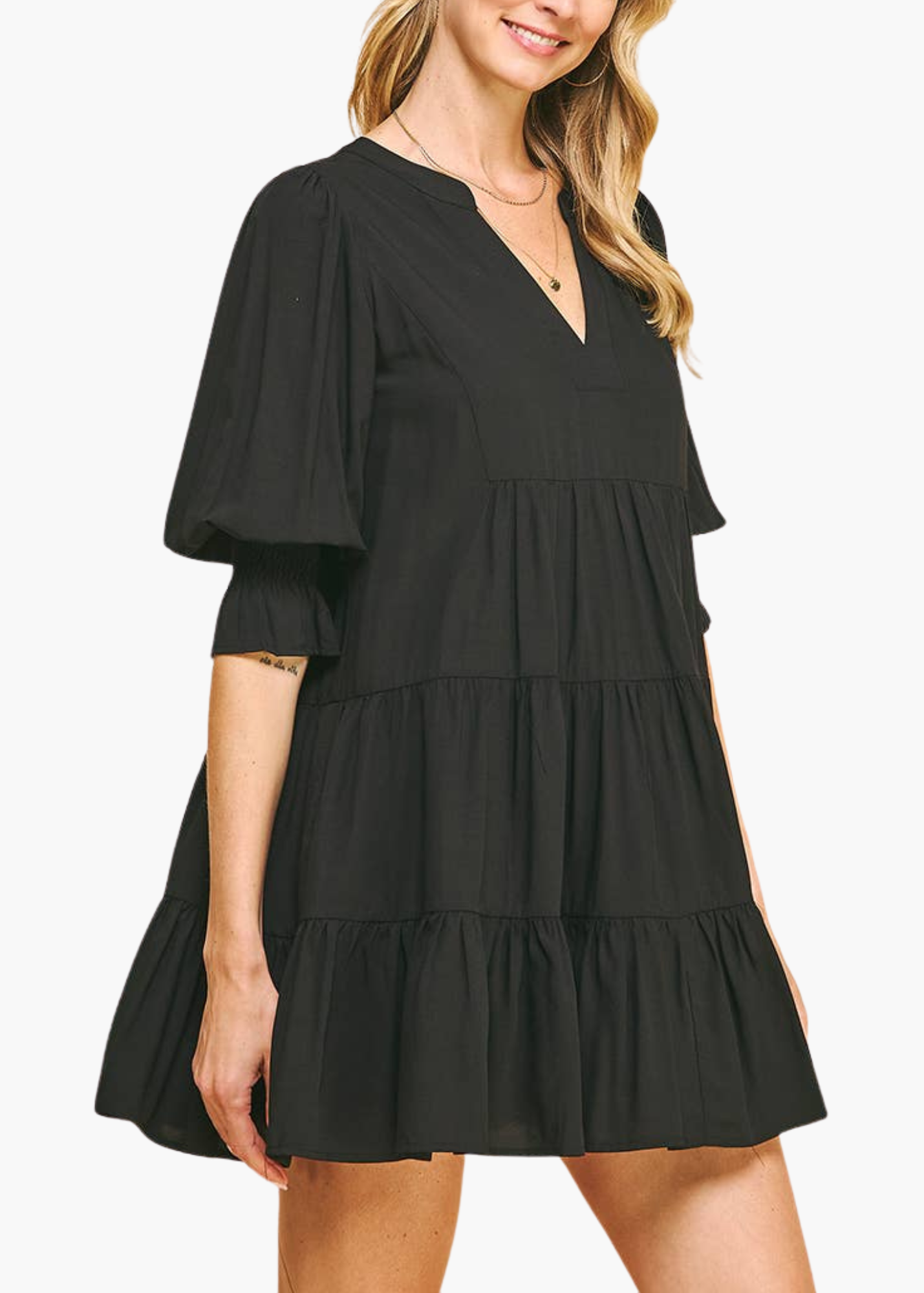 Hollis Smocked Sleeve V-Neck Dress in Black