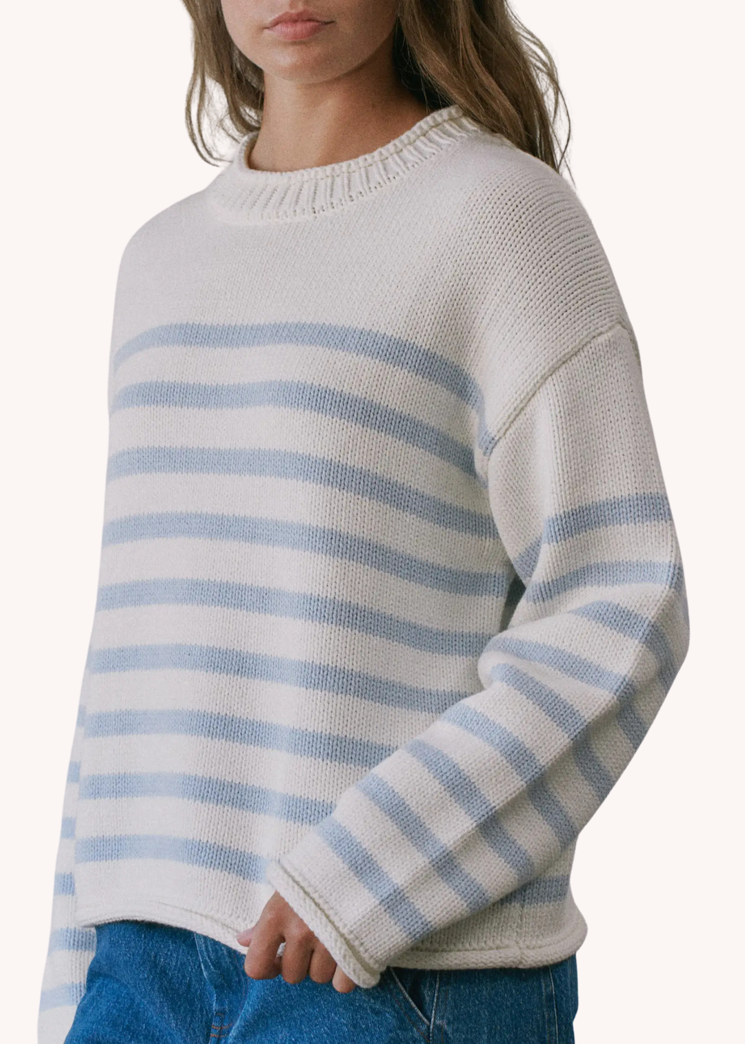 Striped Roll Neck Sweater in Cream and Baby Blue