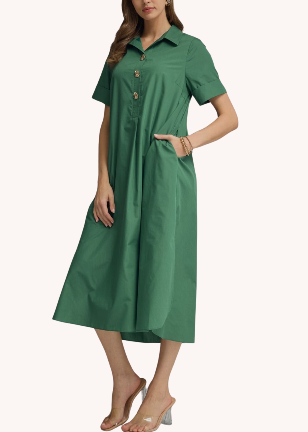 hunter green midi dress Making It Happen Scalloped Dress, Small - The Mint Julep Boutique a princess Hunter Green Floral Collared Notch