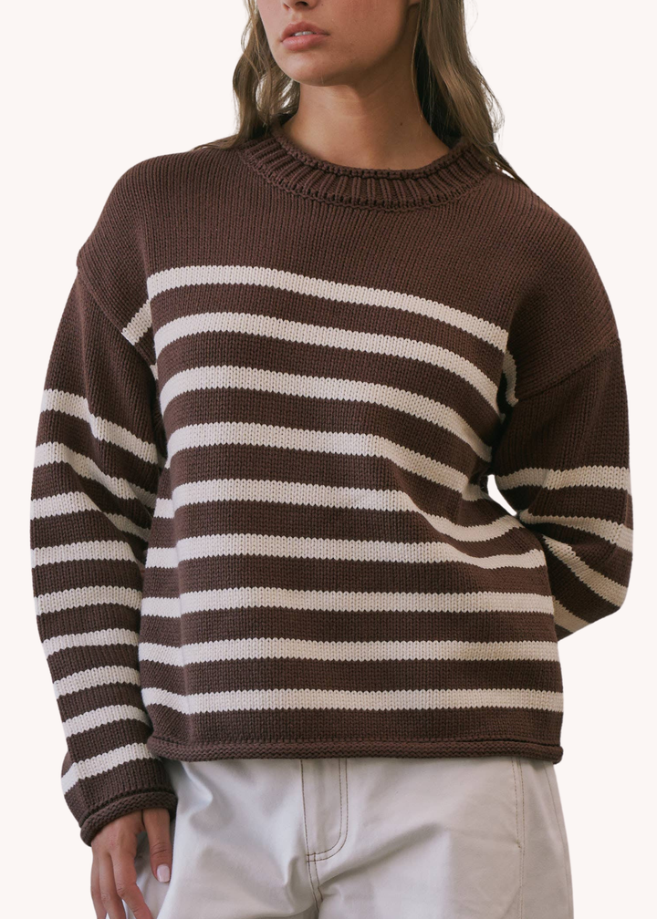 Striped Roll Neck Sweater in Chocolate