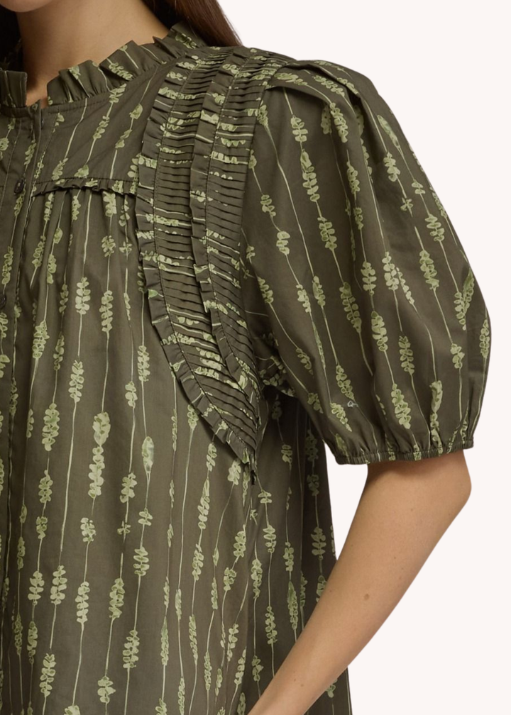 Collins Smocked Cotton Mini Dress in Olive