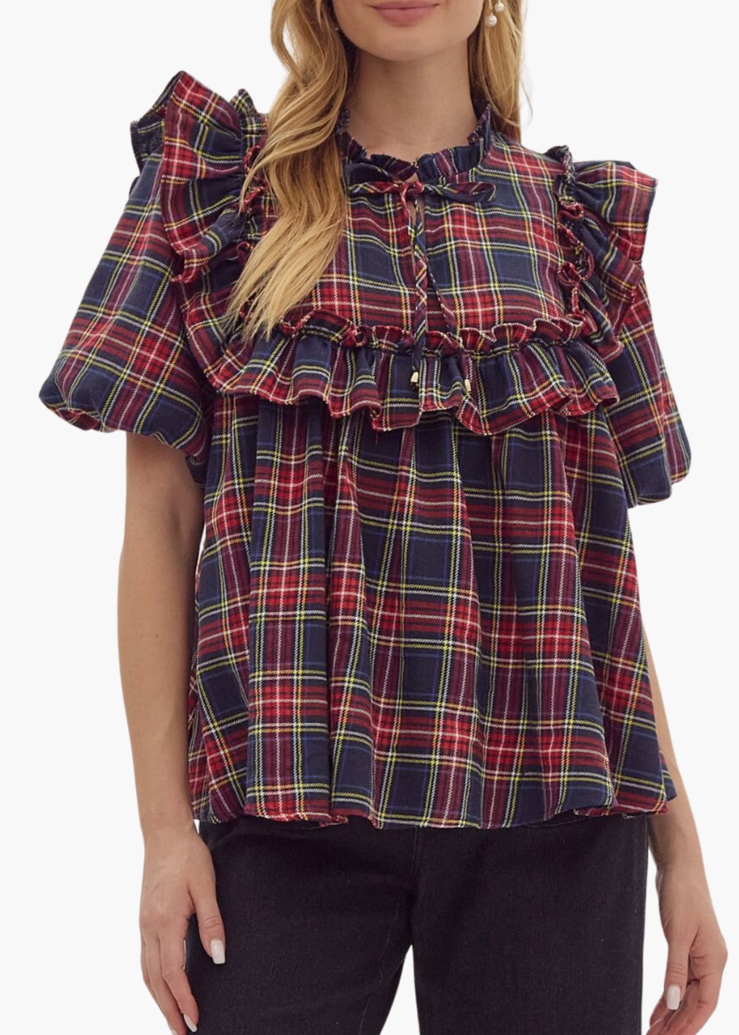 Evan Ruffle Top in Navy Plaid