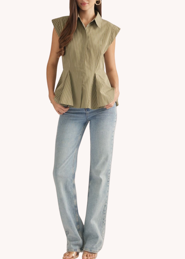 Brenna Striped Peplum Top in Olive