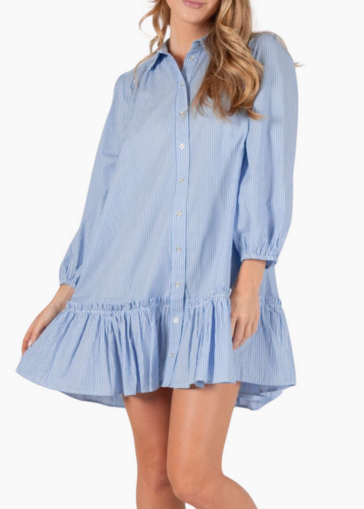 Striped Poplin Ruffled Hem Button Up Shirt Dress in Harbor Stripe