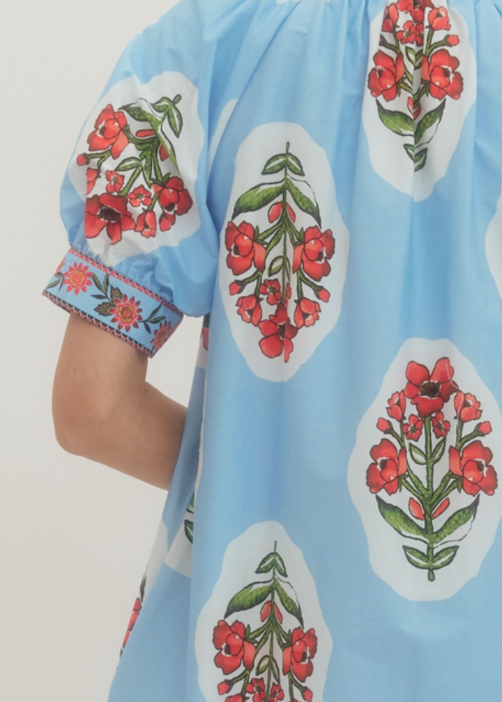 Sarah Blockprint Mini Dress in Light Blue