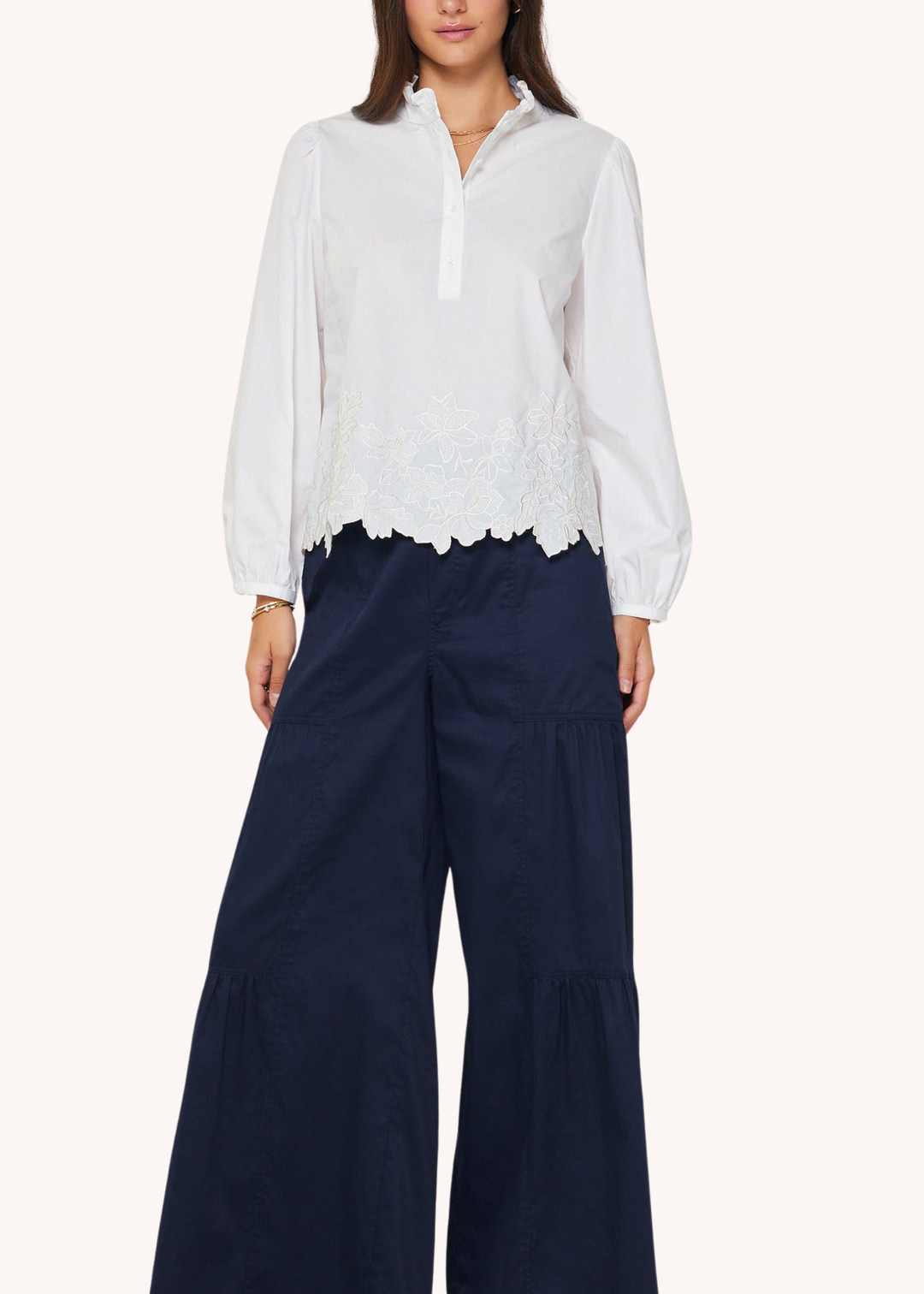 Embroidered Border Long Sleeve Blouse in White