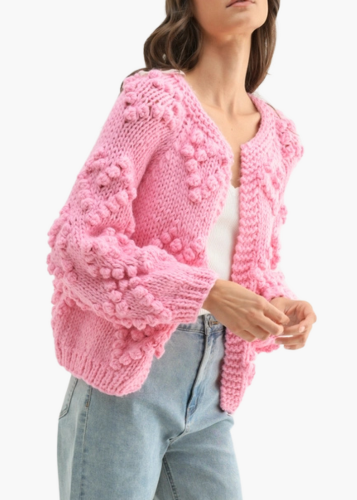 Hand-Knit Cardigan in Pink Hearts