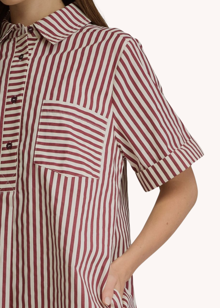 Caroline Cotton Mini Striped Dress in Burgundy