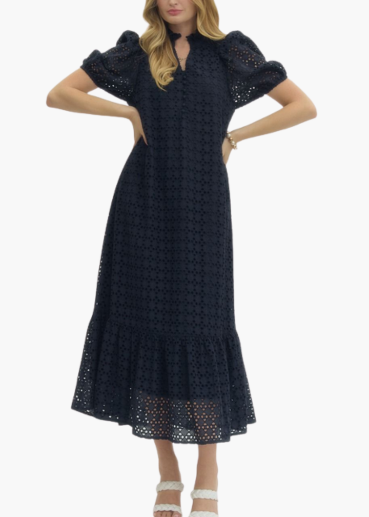 Laura Midi Dress in Navy Eyelet