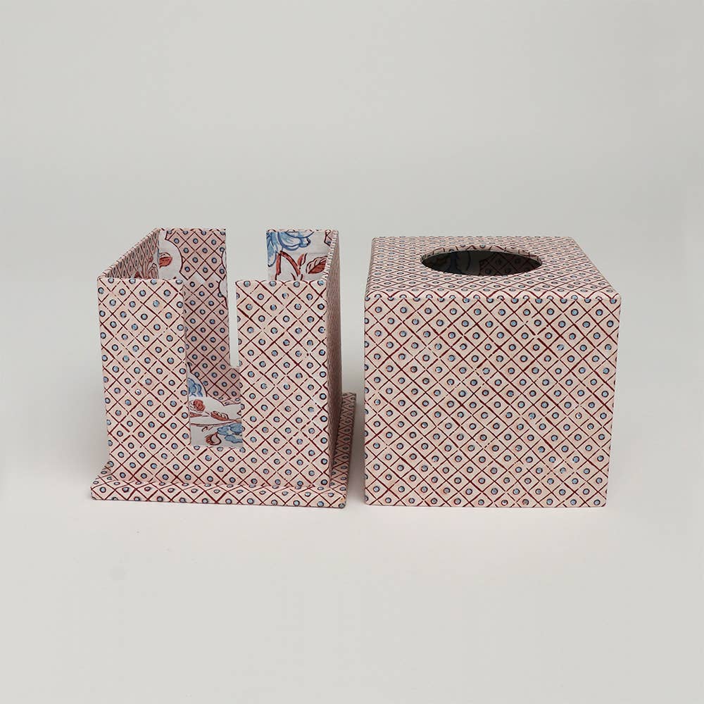 Block Print Tissue Box Cover | Dot and Grid Pink