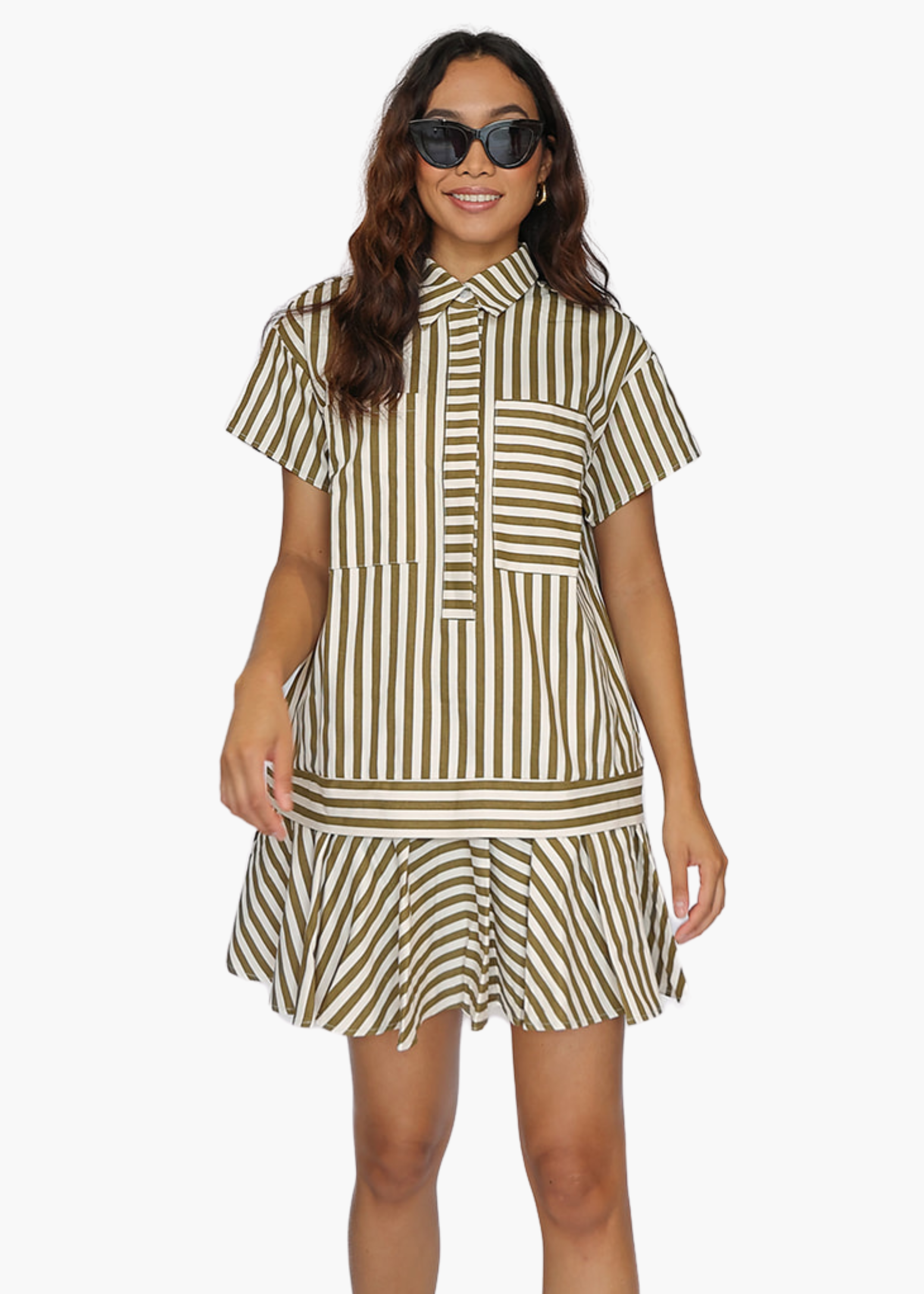 Rory Striped Mini Shirt Dress in Olive