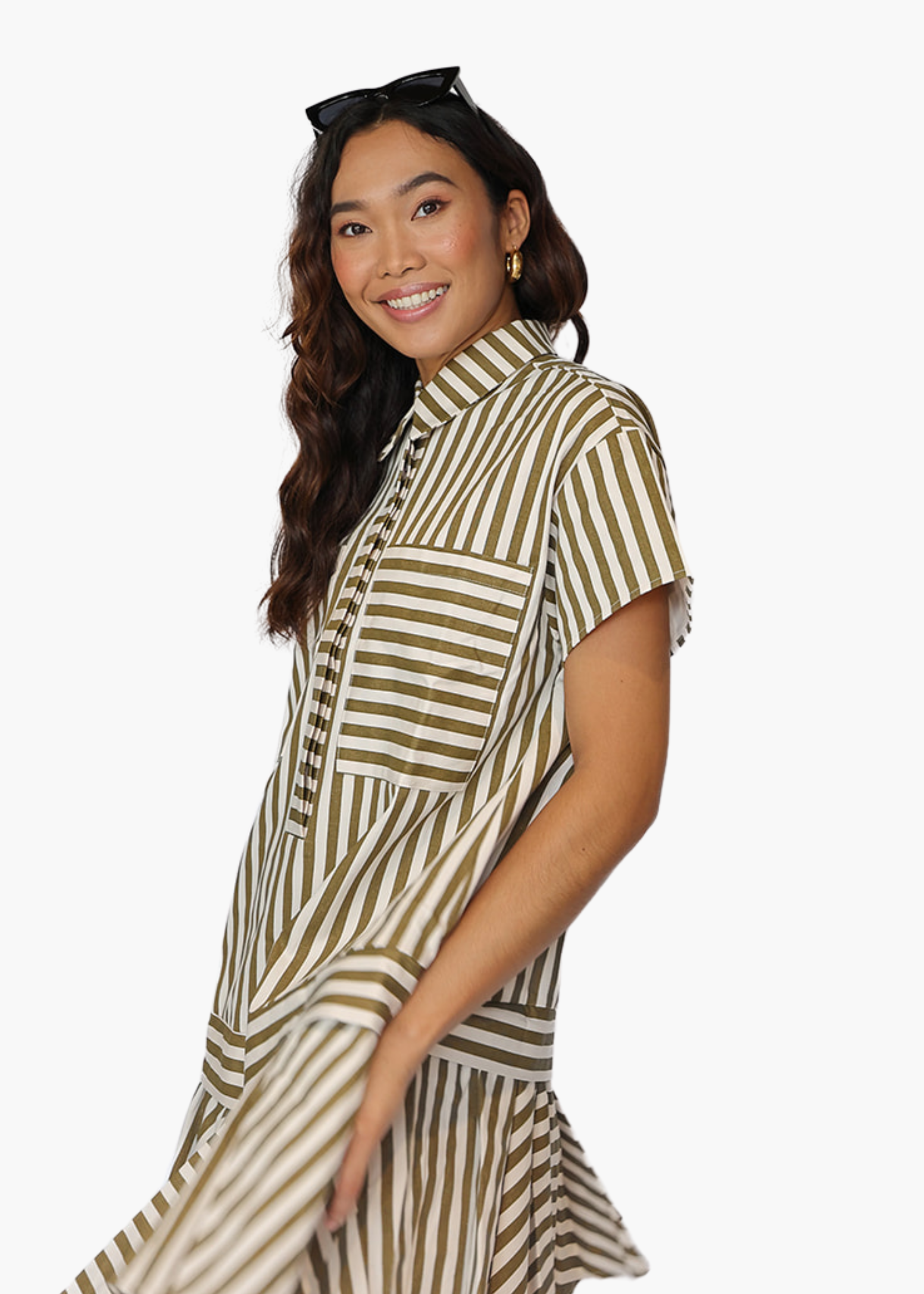 Rory Striped Mini Shirt Dress in Olive