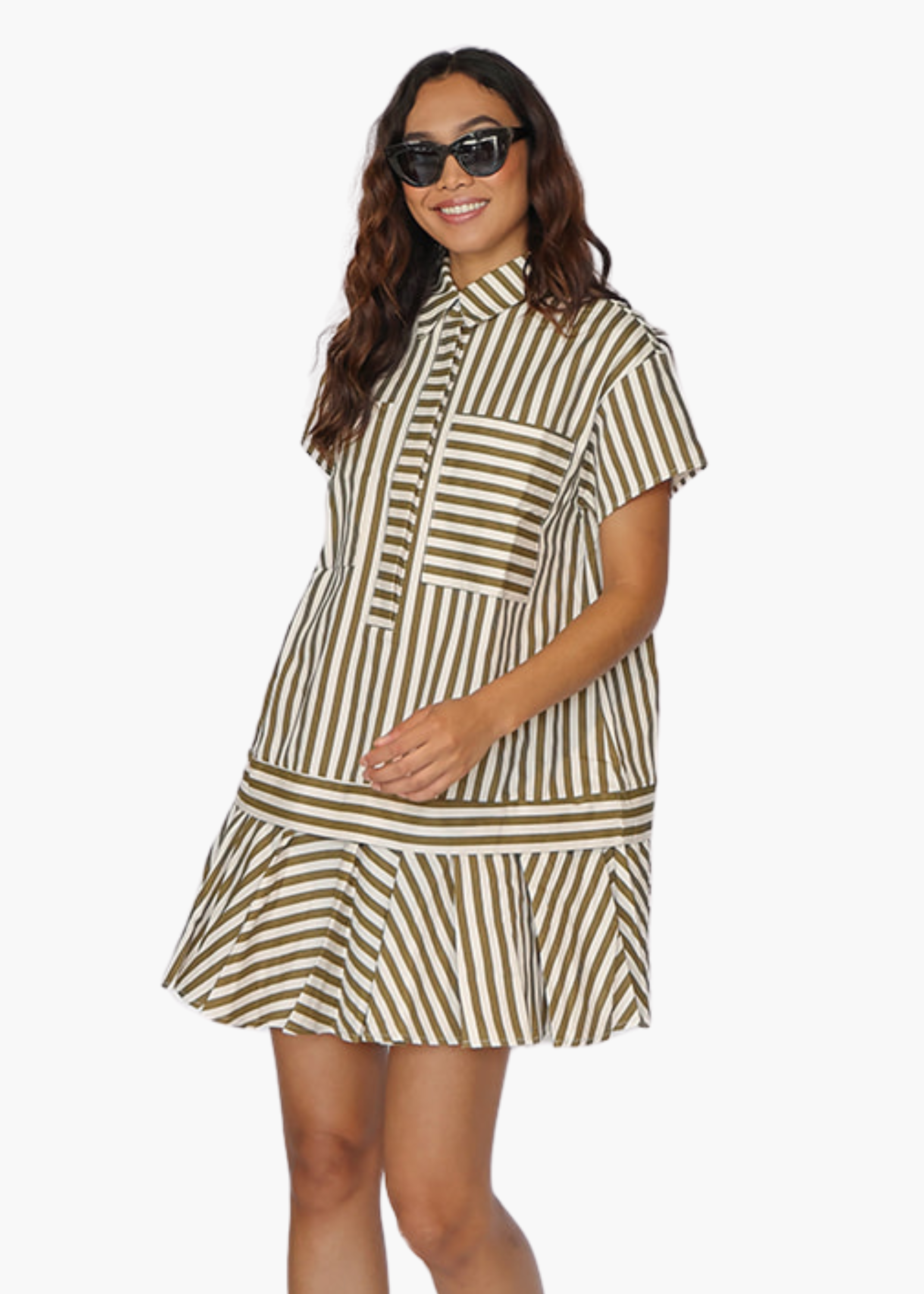 Rory Striped Mini Shirt Dress in Olive