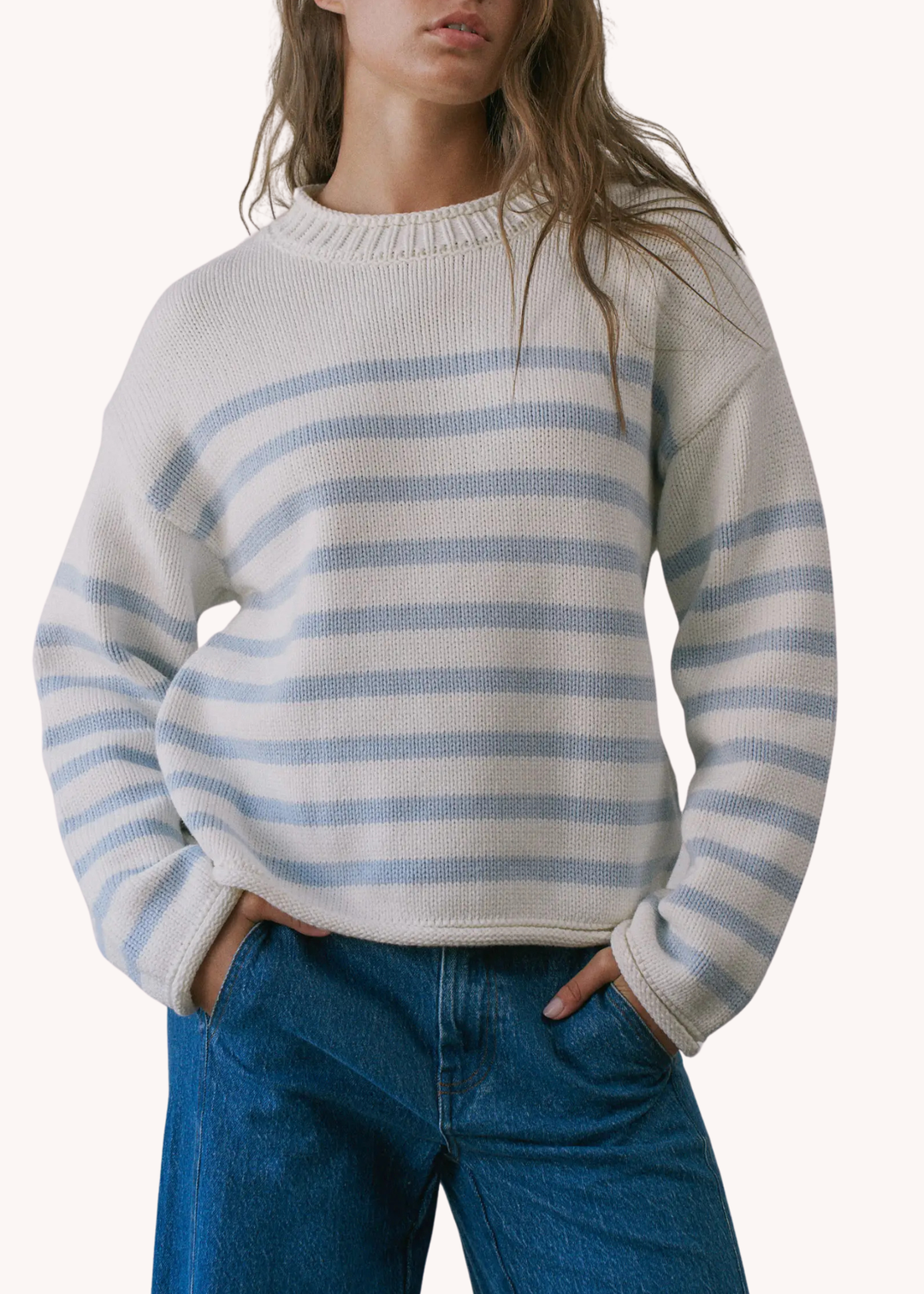 Striped Roll Neck Sweater in Cream and Baby Blue