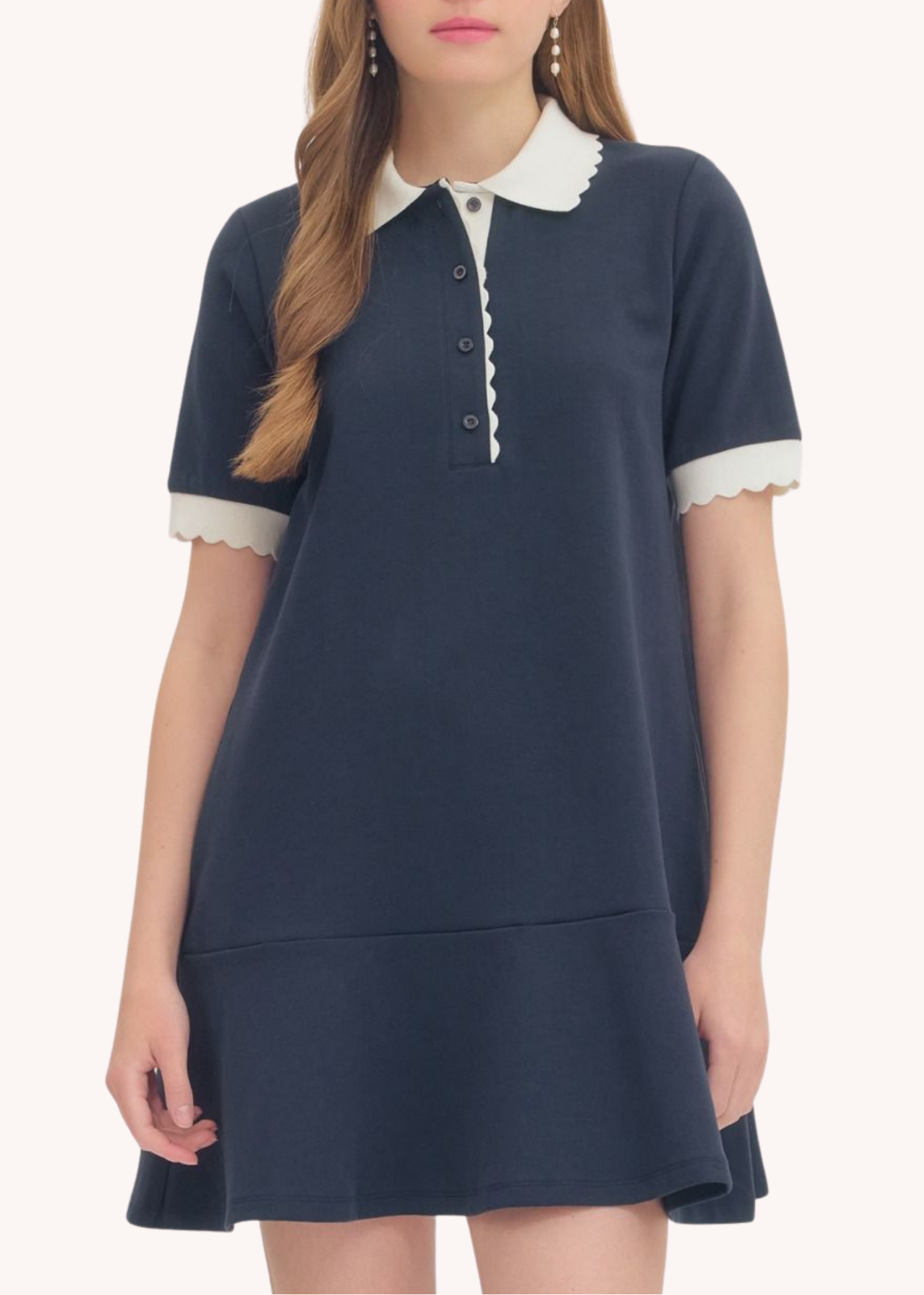 Celia Scalloped Cotton Mini Dress in Navy