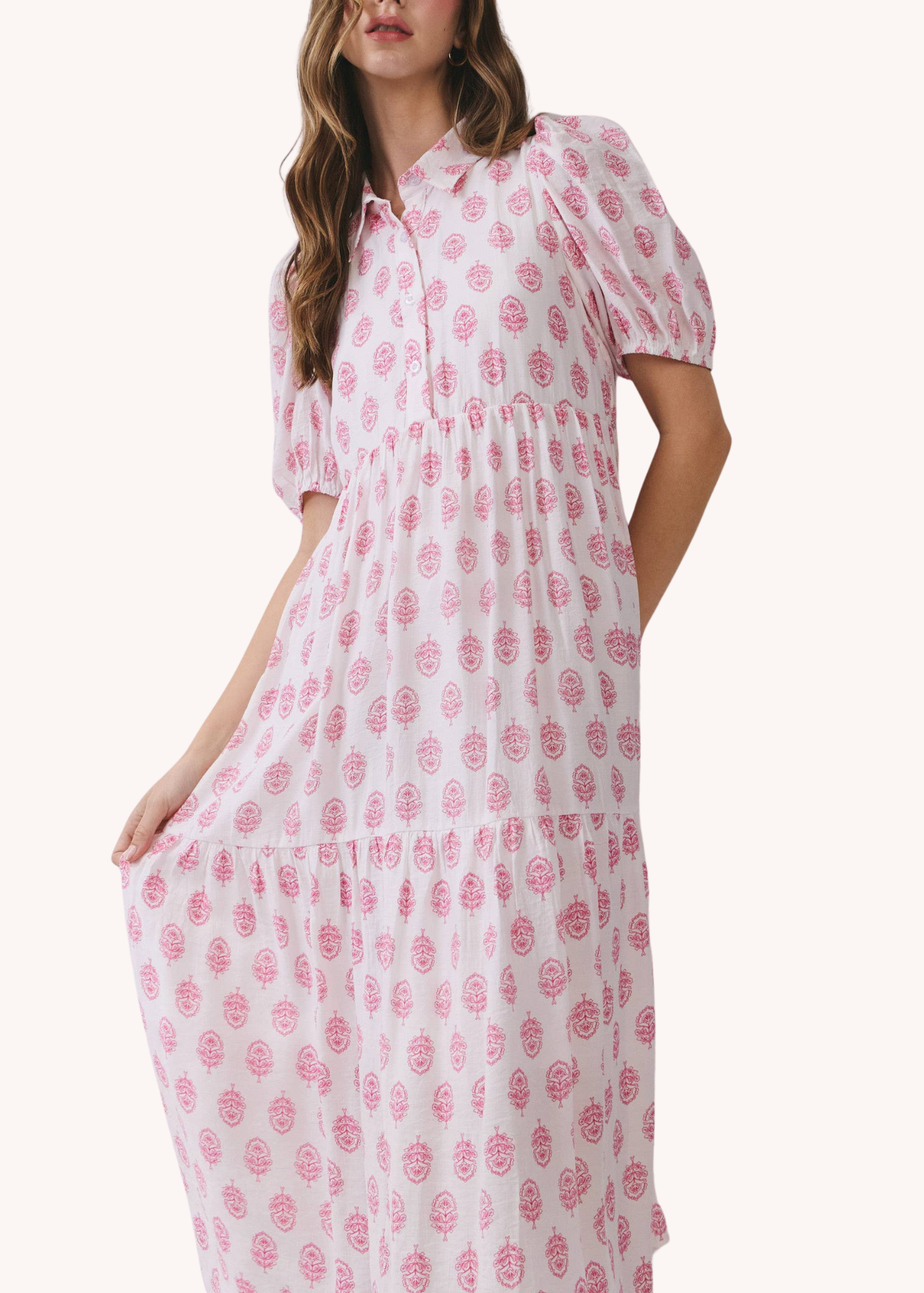 Tiegan Blockprint Tiered Midi Dress