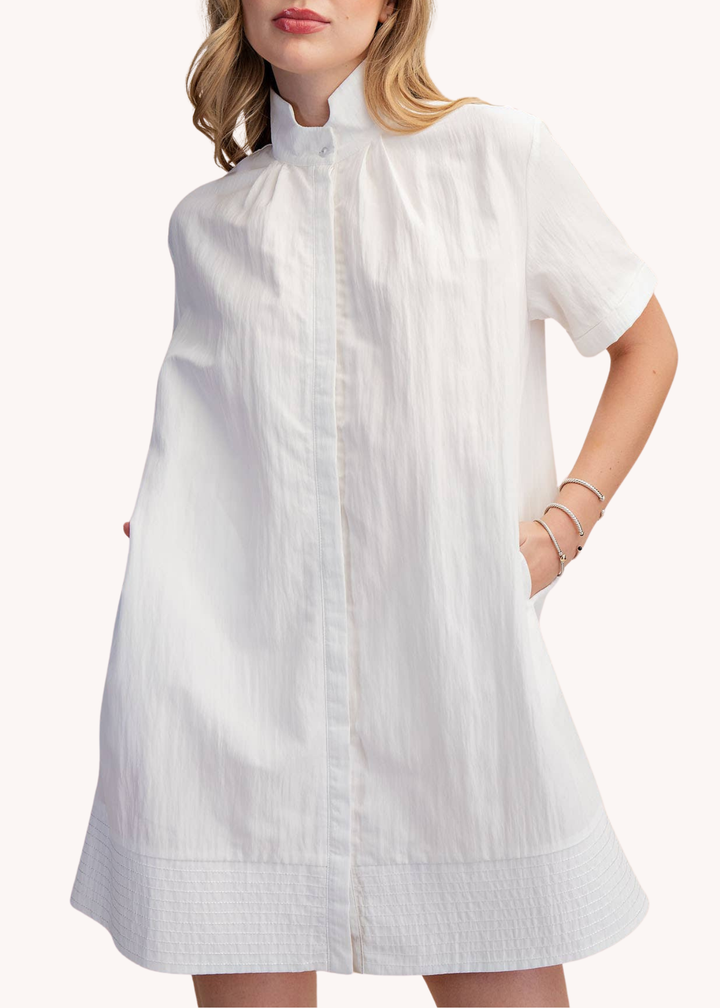 Chloe Stand Collar Mini Shirt Dress in White