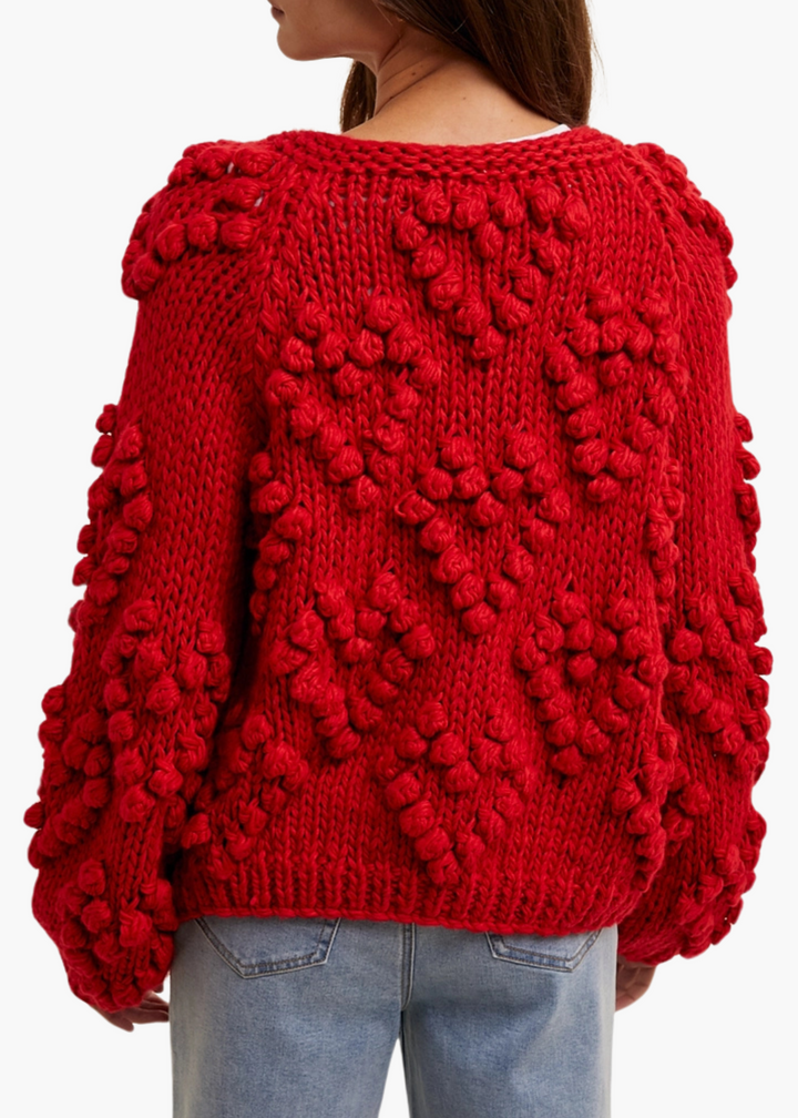 Hand-Knit Cardigan in Red Hearts