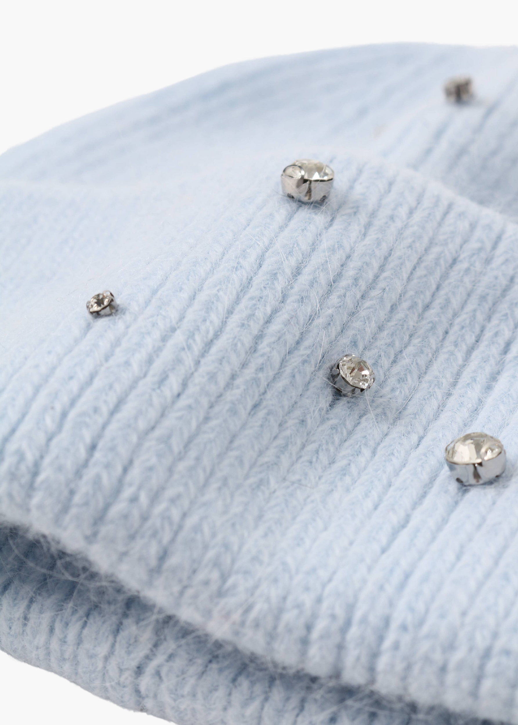 Crystal Embellished Angora Beanie Hat: Light Blue