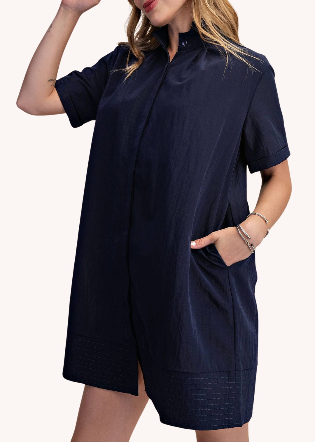 Chloe Stand Collar Mini Shirt Dress in Navy M