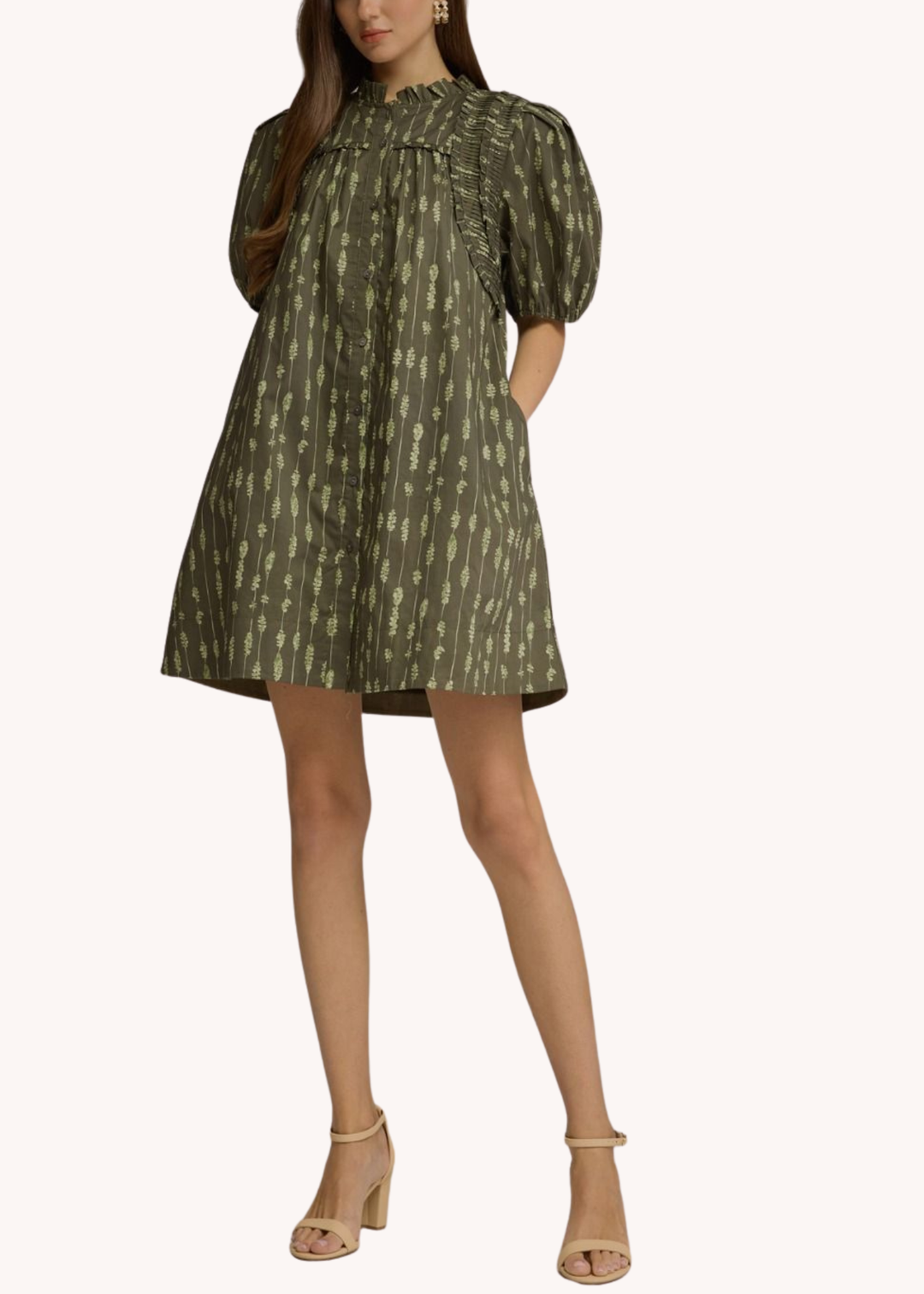 Collins Smocked Cotton Mini Dress in Olive