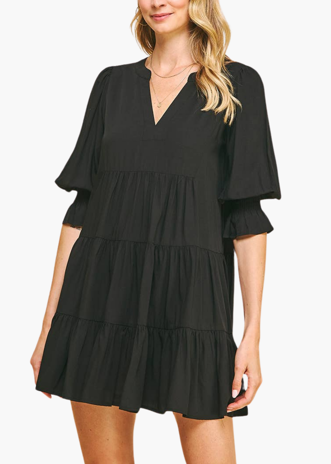 Hollis Smocked Sleeve V-Neck Dress in Black