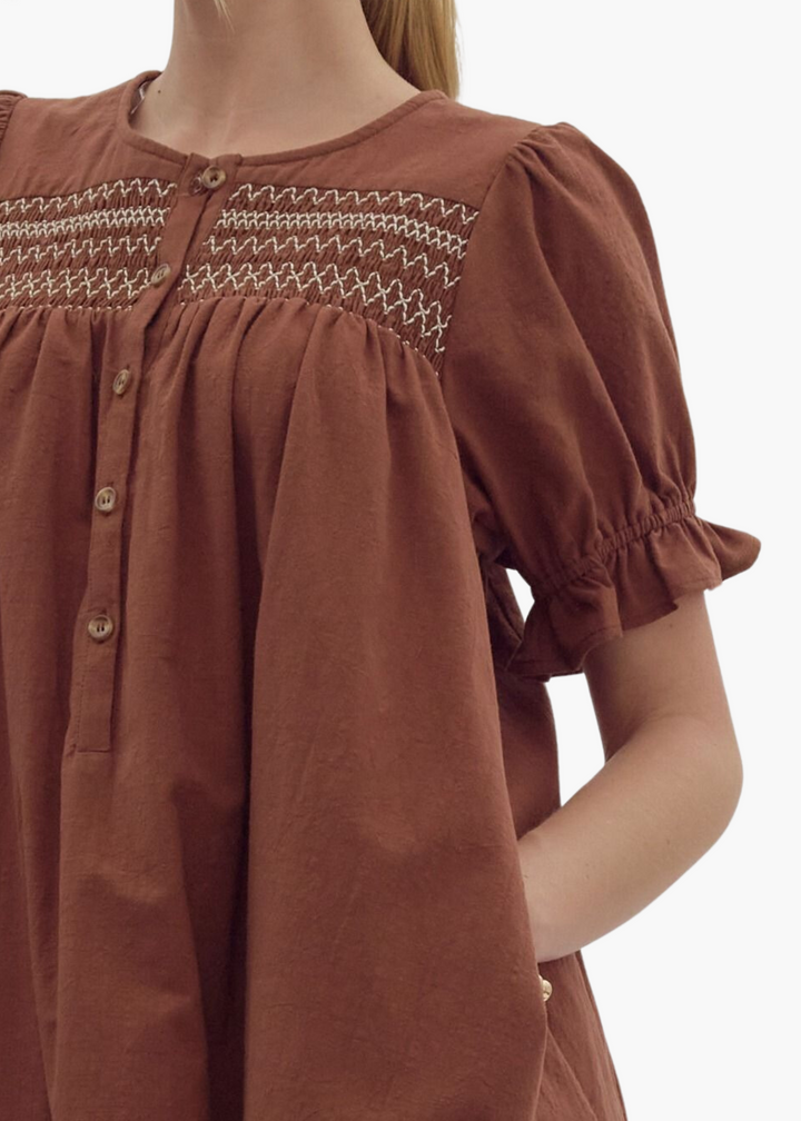 Ellen Smocked Mini Dress in Brown