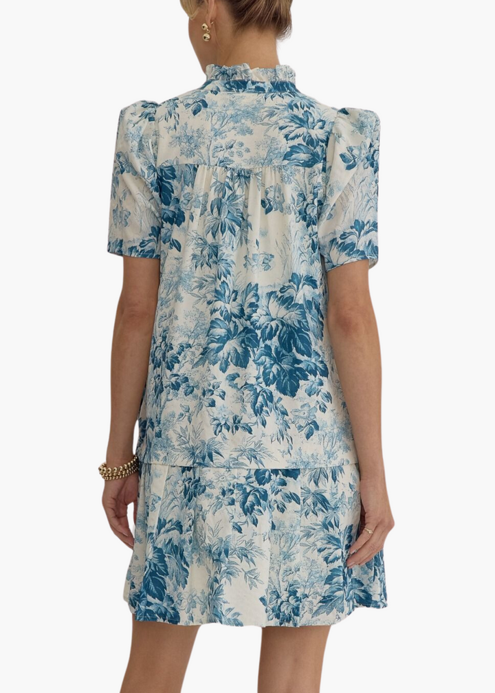 Edith Peplum Mini Dress in Teal Floral Toile