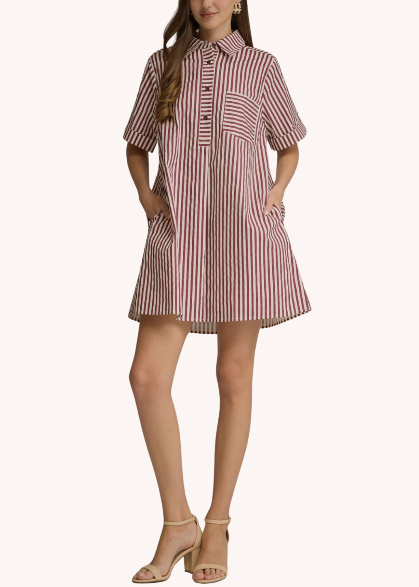 Caroline Cotton Mini Striped Dress in Burgundy