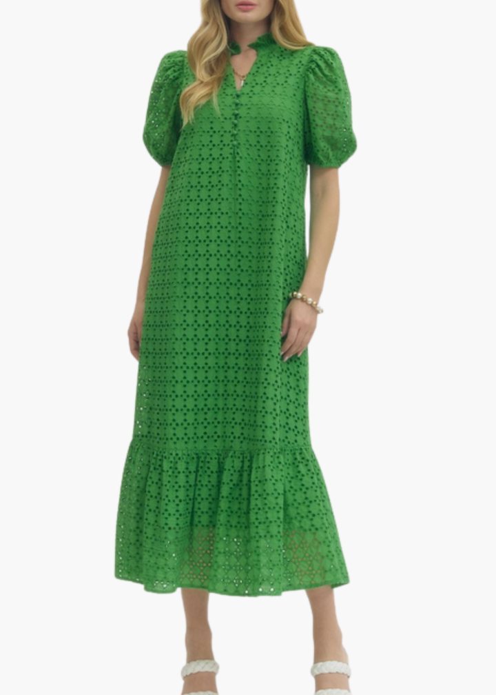 Laura Midi Dress in Green Eyelet