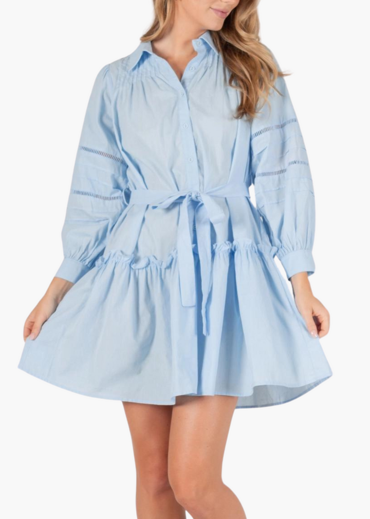 Harriet Poplin Eyelet Mini Dress in Powder Blue