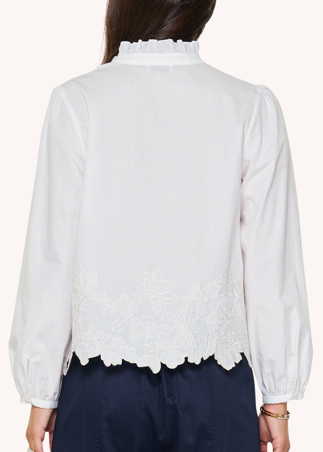 Embroidered Border Long Sleeve Blouse in White