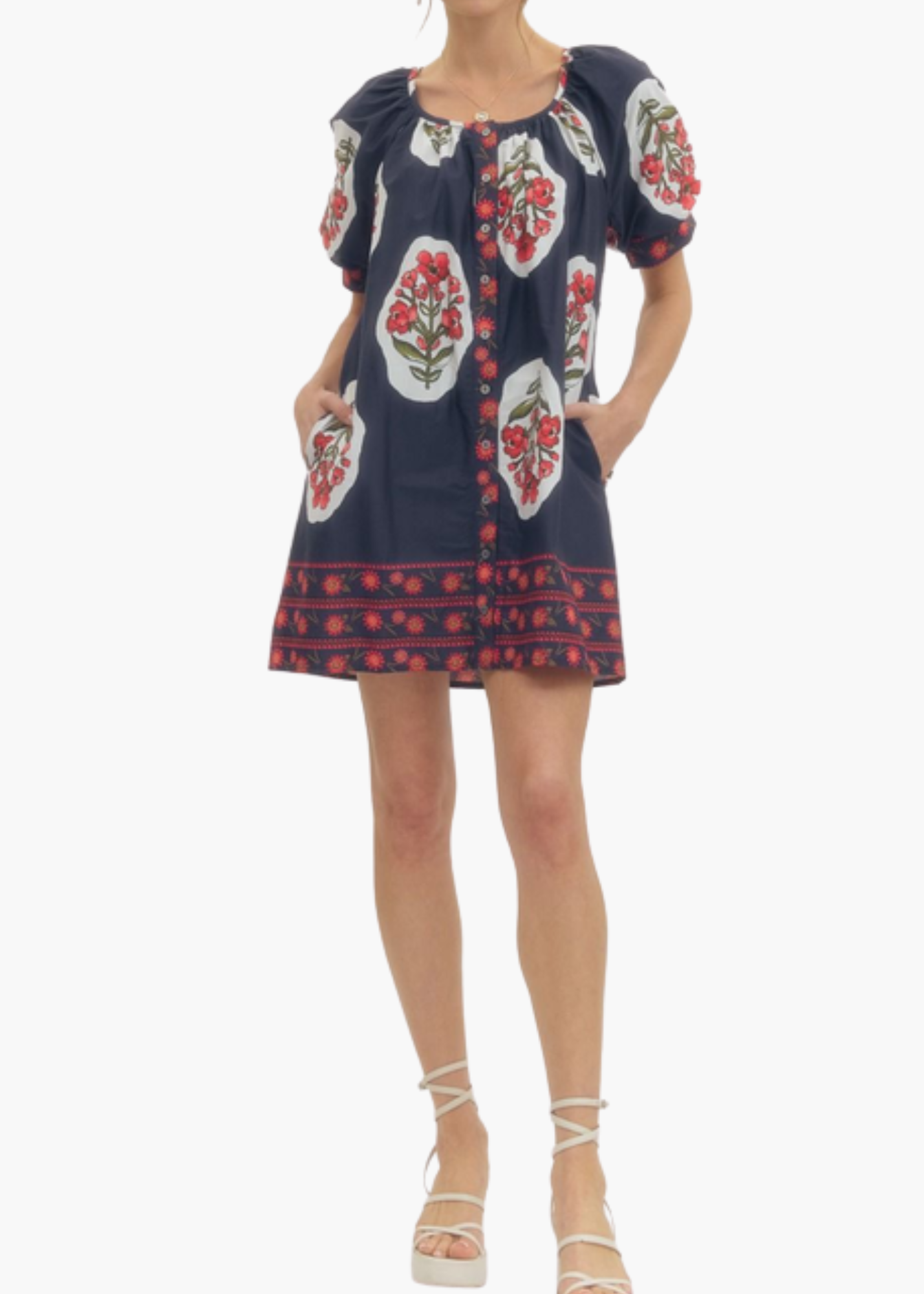 Sarah Blockprint Mini Dress in Navy