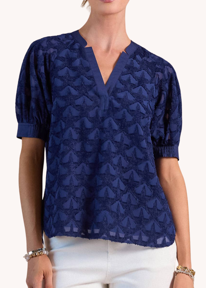 Textured Star Pattern Short Sleeve Blouse in Navy