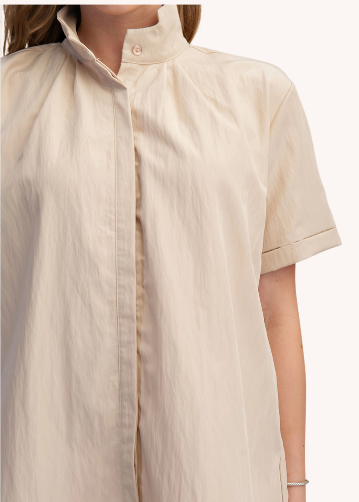 Chloe Stand Collar Mini Shirt Dress in Tan