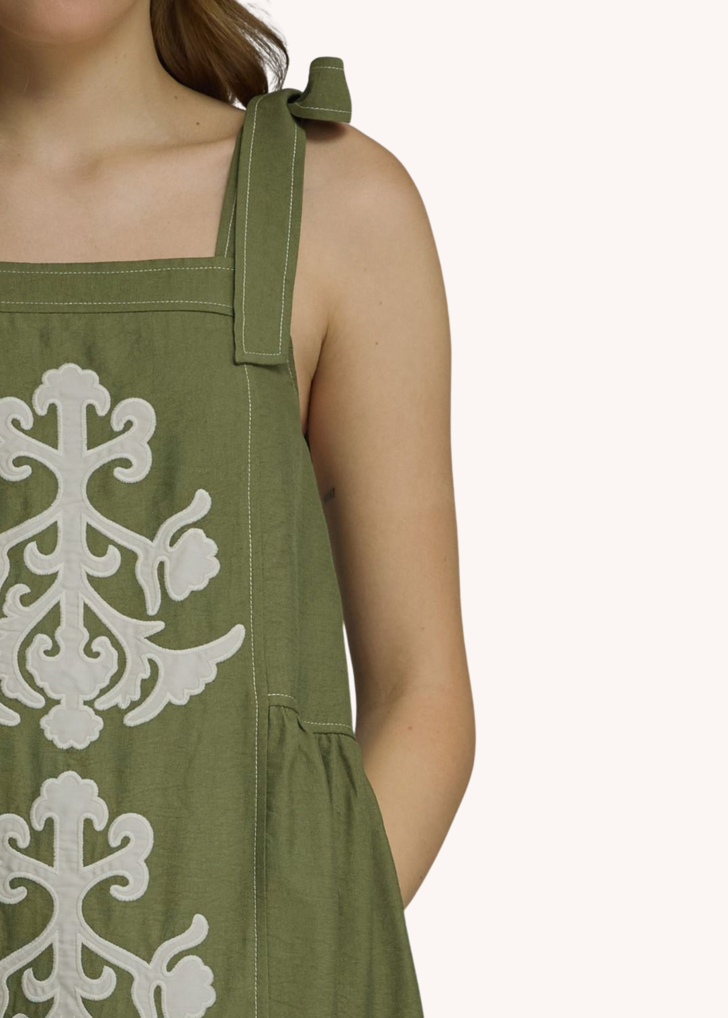 Casie Blockprint Appliqué Dress in Olive