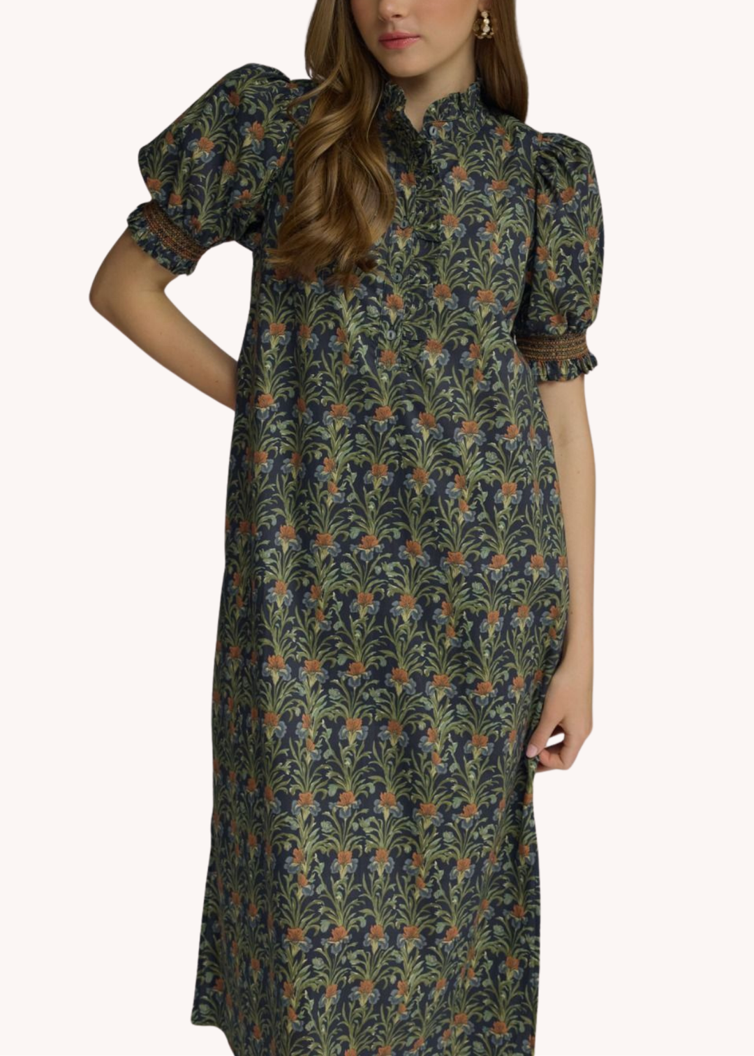 Whitney Cotton Smocked Midi Dress in Navy