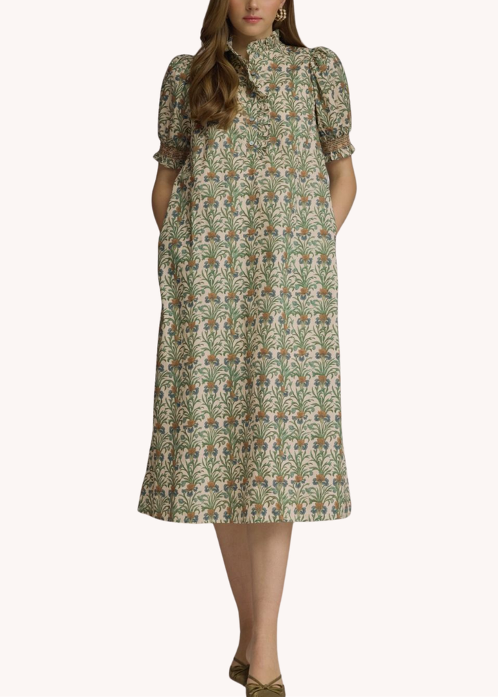 Whitney Cotton Smocked Midi Dress in Ecru