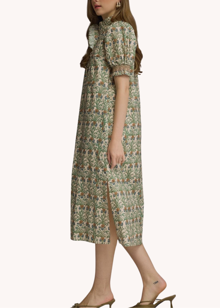 Whitney Cotton Smocked Midi Dress in Ecru