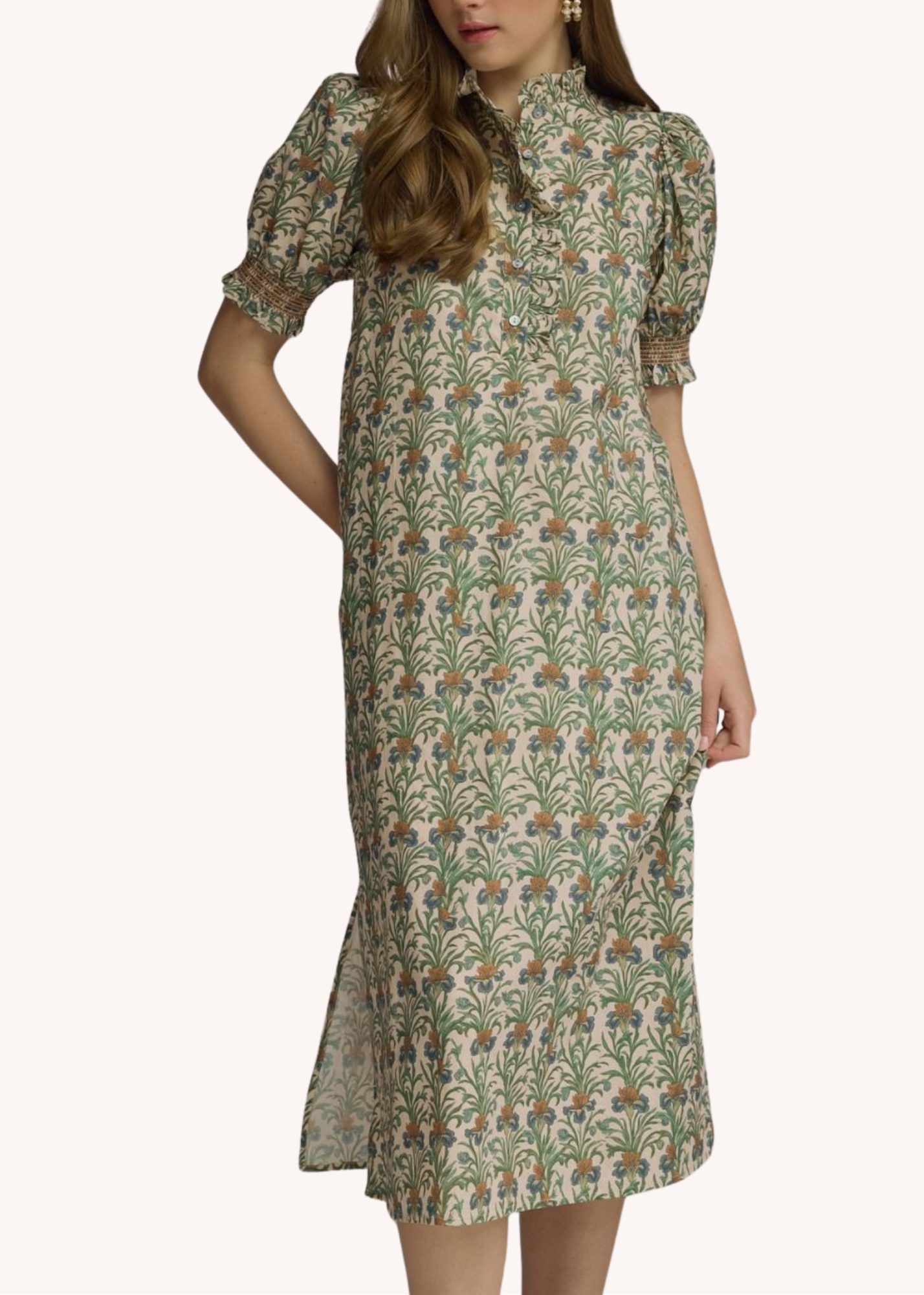 Whitney Cotton Smocked Midi Dress in Ecru